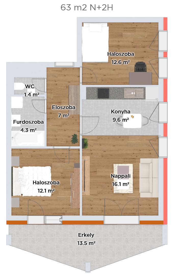 Nappali, 2 hálós lakások